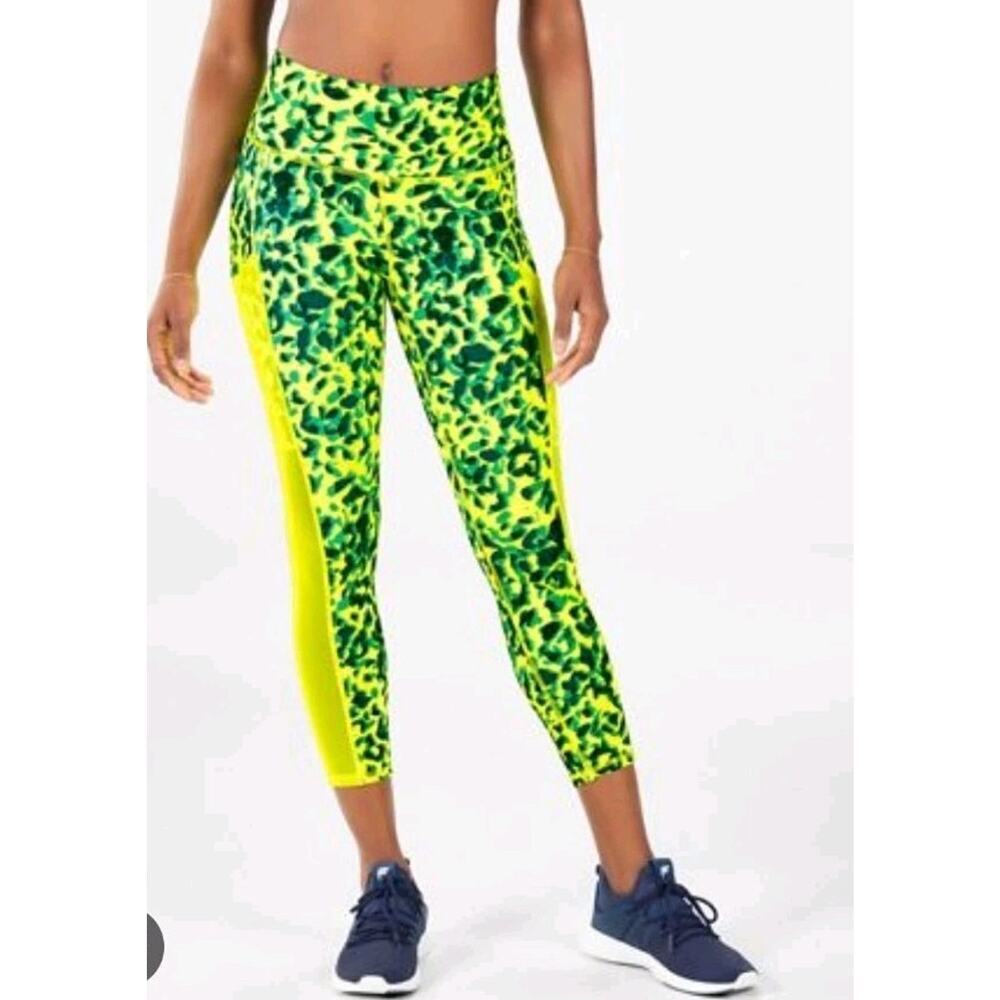Fabletics Mila Powerhold High Waist Neon Yellow/green Leopard Leggings Pockets